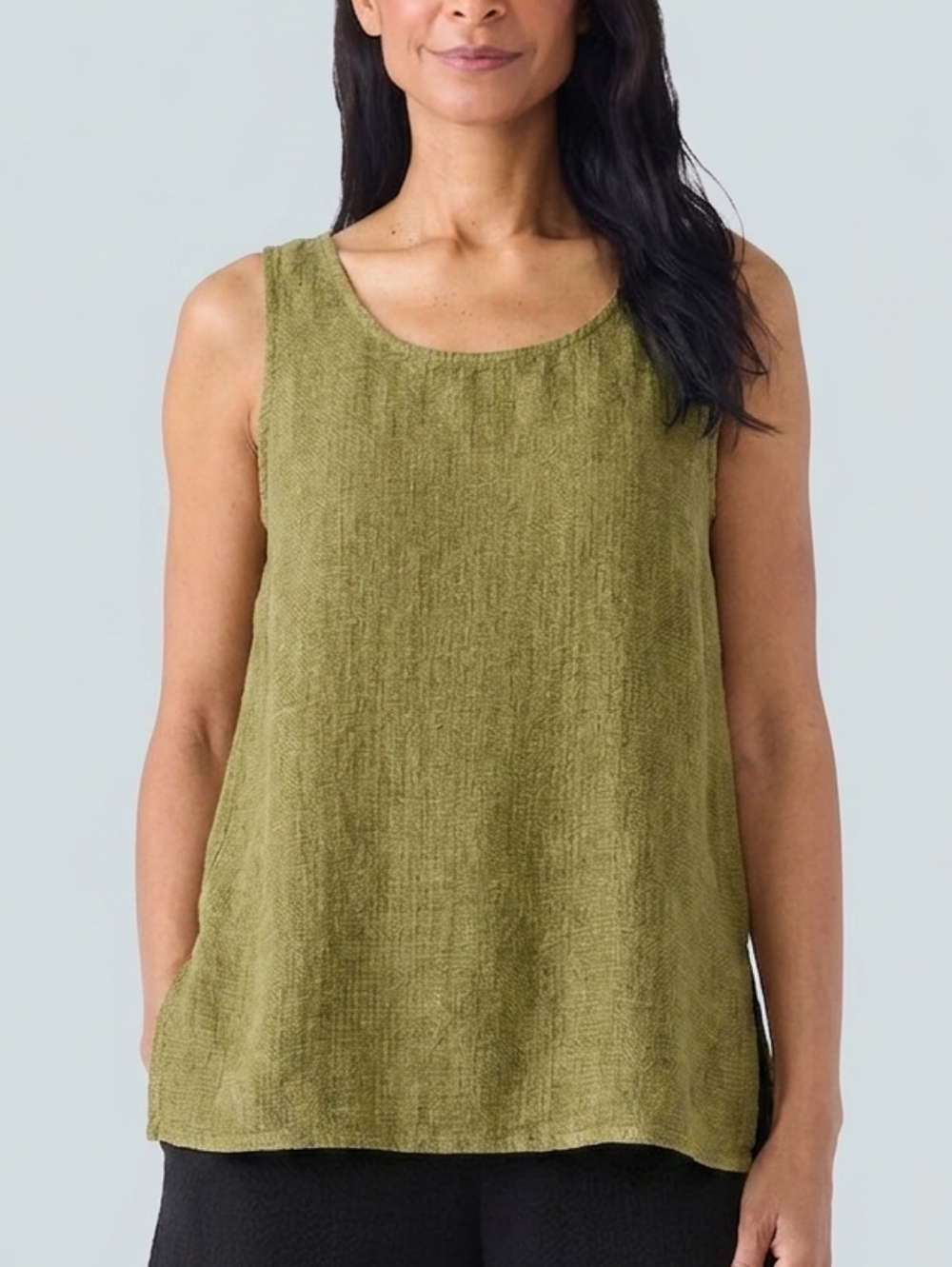 Eileen Fisher Italian Linen Scoop Neck Sleeveless Tunic Top Medium Green Coastal